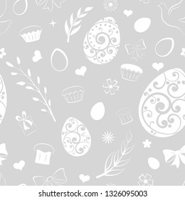 Seamless pattern of eggs, flowers, cake, gift box and other Easter symbols, white on gray
