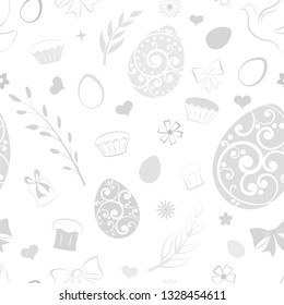 Seamless pattern of eggs, flowers, cake, gift box and other Easter symbols, gray on white