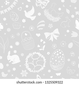 Seamless pattern of eggs, flowers, cakes, hare, hen, chicken and other Easter symbols in white and gray colors