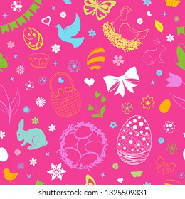 Seamless pattern of eggs, flowers, cakes, hare, hen, chicken and other Easter symbols, multicolored on pink