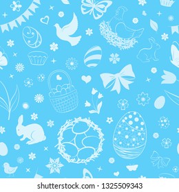 Seamless pattern of eggs, flowers, cakes, hare, hen, chicken and other Easter symbols in light blue colors