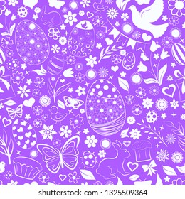 Seamless pattern of eggs, flowers, cakes, hare, hen, chicken and other Easter symbols, white on violet