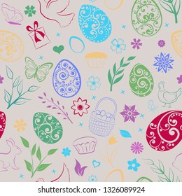 Seamless pattern of eggs, flowers, cakes, hen, chicken and other Easter symbols, multicolored on beige