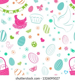 Seamless pattern of eggs, flowers, cakes, hare, hen, chicken and other Easter symbols, multicolored on white