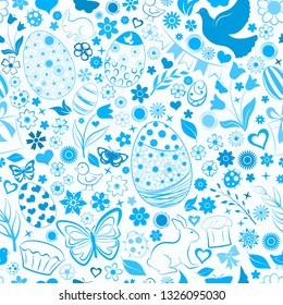 Seamless pattern of eggs, flowers, cakes, hare, hen, chicken and other Easter symbols, blue on white