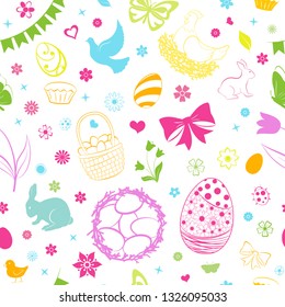 Seamless pattern of eggs, flowers, cakes, hare, hen, chicken and other Easter symbols, multicolored on white
