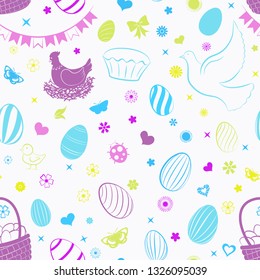 Seamless pattern of eggs, flowers, cakes, hare, hen, chicken and other Easter symbols, multicolored on white
