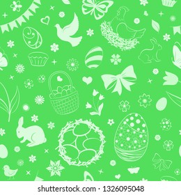 Seamless pattern of eggs, flowers, cakes, hare, hen, chicken and other Easter symbols in green colors