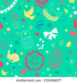 Seamless pattern of eggs, flowers, cakes, hare, hen, chicken and other Easter symbols, multicolored on light green