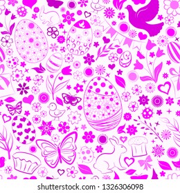 Seamless pattern of eggs, flowers, cakes, hare, hen, chicken and other Easter symbols, purple on white