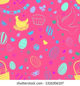 Seamless pattern of eggs, flowers, cakes, hare, hen, chicken and other Easter symbols, multicolored on pink