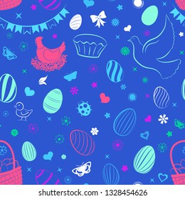 Seamless pattern of eggs, flowers, cakes, hare, hen, chicken and other Easter symbols, multicolored on blue