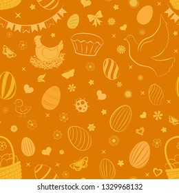 Seamless pattern of eggs, flowers, cakes, hare, hen, chicken and other Easter symbols in yellow colors