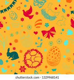 Seamless pattern of eggs, flowers, cakes, hare, hen, chicken and other Easter symbols, multicolored on yellow