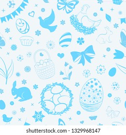 Seamless pattern of eggs, flowers, cakes, hare, hen, chicken and other Easter symbols in light blue colors