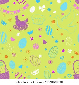 Seamless pattern of eggs, flowers, cakes, hare, hen, chicken and other Easter symbols, multicolored on yellow