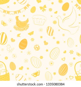 Seamless pattern of eggs, flowers, cakes, hare, hen, chicken and other Easter symbols in yellow colors