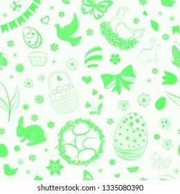 Seamless pattern of eggs, flowers, cakes, hare, hen, chicken and other Easter symbols in green colors