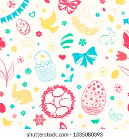 Seamless pattern of eggs, flowers, cakes, hare, hen, chicken and other Easter symbols, multicolored on white