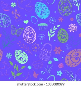 Seamless pattern of eggs, flowers, cakes, hen, chicken and other Easter symbols, multicolored on blue