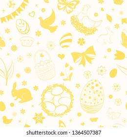 Seamless pattern of eggs, flowers, cakes, hare, hen, chicken and other Easter symbols in yellow colors