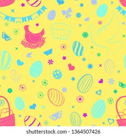 Seamless pattern of eggs, flowers, cakes, hare, hen, chicken and other Easter symbols, multicolored on yellow
