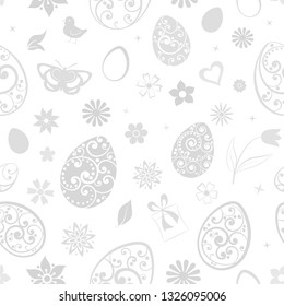Seamless pattern of eggs, flowers, gift box, chicken and other Easter symbols, gray on white