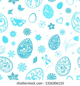 Seamless pattern of eggs, flowers, gift box, chicken and other Easter symbols, light blue on white