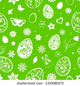 Seamless pattern of eggs, flowers, gift box, chicken and other Easter symbols, white on green