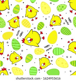 Seamless pattern of eggs, flowers and hen baby.