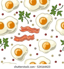 Seamless pattern with eggs with fried bacon, pepper and cilantro. Breakfast wallpaper. Vector illustration