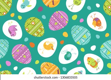 Seamless pattern with eggs and funny birds. Vector background for fabric, textile, wallpaper, posters, gift wrapping paper, napkins, tablecloths, pajamas. Print for kids, children, baby