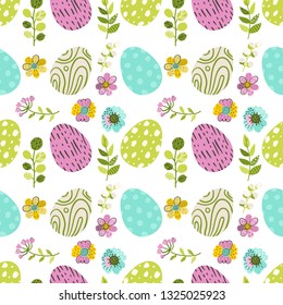 Seamless pattern with eggs and green herbs. Vector illustration for your design