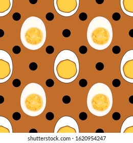 Seamless pattern with eggs on a brown background. Boiled egg. Wallpaper, print, wrapping paper, packaging, banner, poster. Vector illustration.