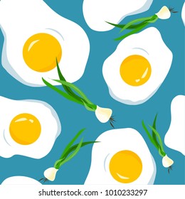 Seamless pattern with eggs and onions. Vegetarian breakfast.