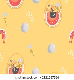 Seamless pattern with eggs and a rainbow in the form of a basket of flowers, happy easter background, digital paper, packaging.