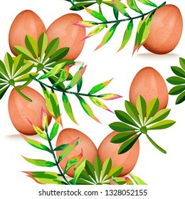 Seamless pattern with eggs and tropical leaves. Symbol of Easter holiday. Healthy food.