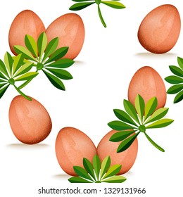 Seamless pattern with eggs and tropical leaves. Symbol of Easter holiday. Healthy food.