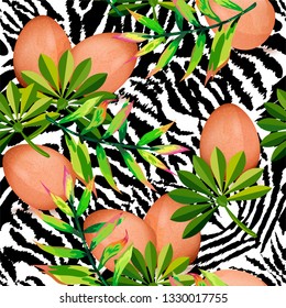 Seamless pattern with eggs, tropical leaves and tiger stripes. Symbol of Easter holiday. Healthy food.