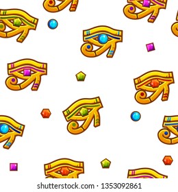Seamless pattern Egypt Eye of Horus with colored precious gems, vector golden icon.