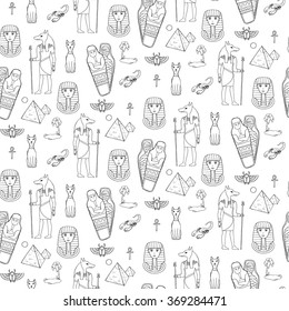 Seamless pattern with egyptean elements such as anubis, mummy, pyramids, scarabs, etc. Vector illustration
