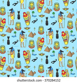 Seamless pattern with egyptian elements such as anubis, mummy, pyramids, scarabs, etc. Vector illustration