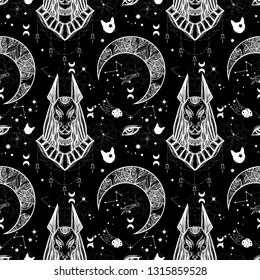 Seamless pattern of egyptian god Anubis, moon, stars, eyes and constellations. Alchemy and astrology vibes. Boho motifes.