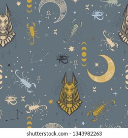 Seamless pattern of egyptian god Anubis with scorpion, moon and constellation. Alchemy and astrology vibes.