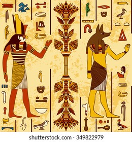 Seamless pattern with egyptian gods and ancient egyptian hieroglyphs on grunge aged paper background. Retro hand drawn vector illustration