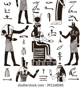 Seamless pattern with egyptian gods and ancient egyptian hieroglyphs. Retro hand drawn vector illustration