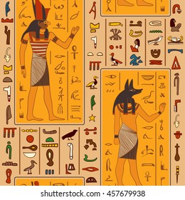 Seamless pattern with egyptian gods and ancient egyptian hieroglyphs. Retro hand drawn vector illustration