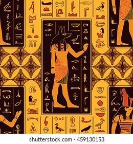 Seamless pattern with egyptian gods and ancient egyptian hieroglyphs. Retro hand drawn vector illustration