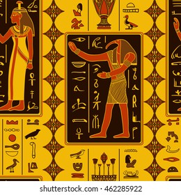 Seamless pattern with egyptian gods and ancient egyptian hieroglyphs. Retro hand drawn vector illustration