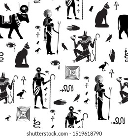 Seamless pattern with egyptian gods and symbols. Black and white.